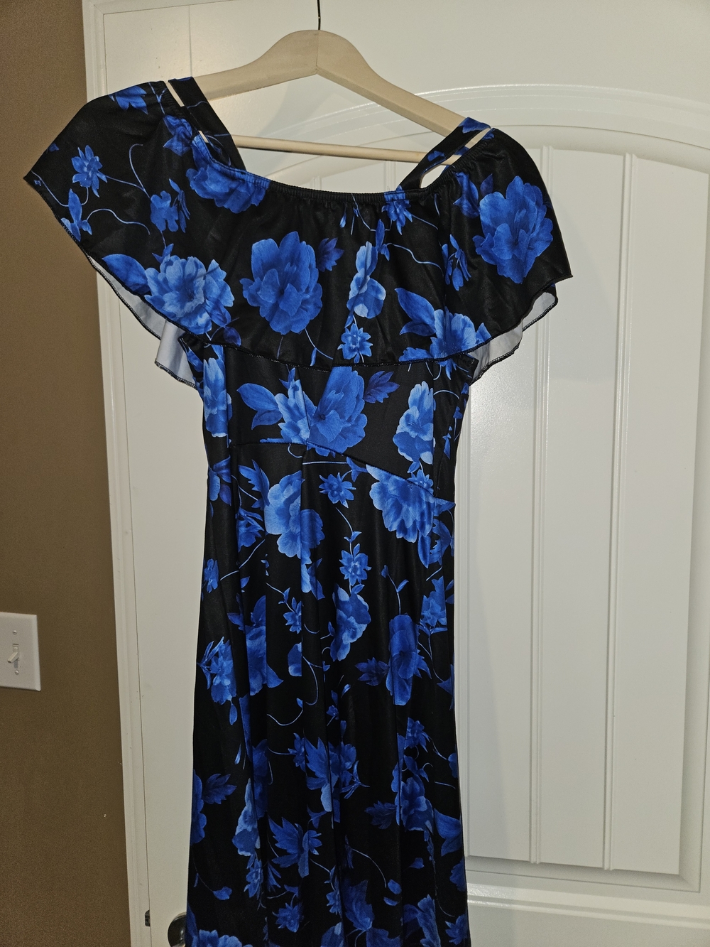 Elegant Off Shoulder Blue Floral Ruffle Dress for Women